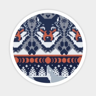 Fair isle knitting grey wolf // pattern // navy blue and grey wolves orange moons and pine trees Magnet